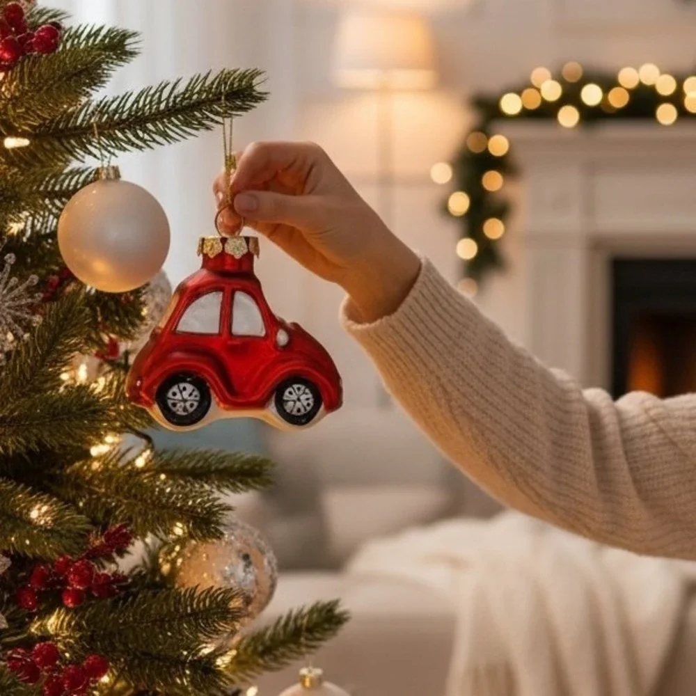 Vintage Hand Blown Mercury Glass Volkswagen Beetle Christmas Ornament Red VW